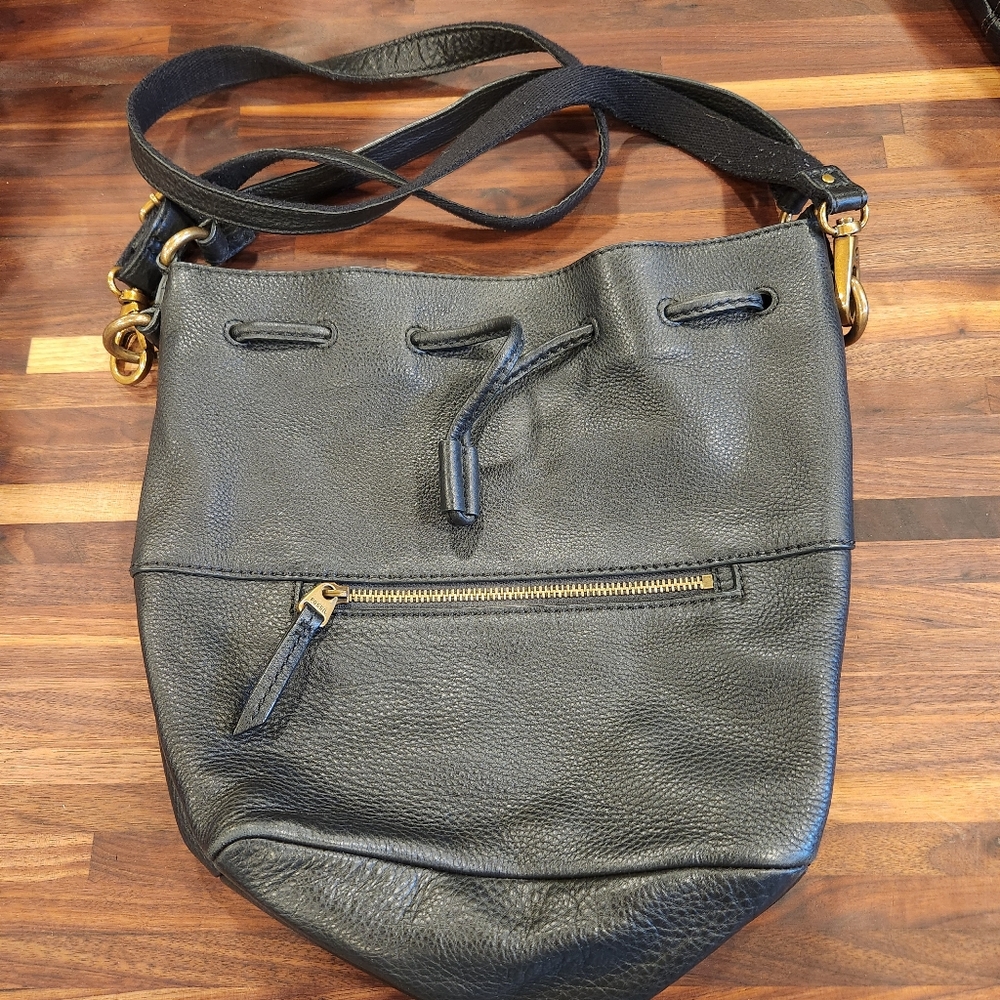 Fossil Black Leather Bucket Bag Drawstring